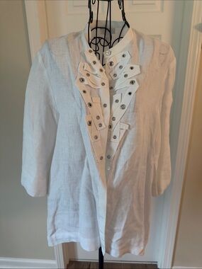Escada White Linen Button Down Shirt with Decorative Eyelet Placket